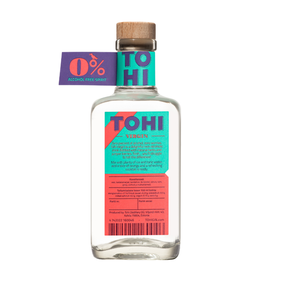 Alcohol free gin Tohi Virgin. Made to mix in nonalcoholic cocktails.